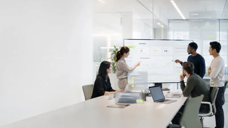 Team reviewing an AI workflow dashboard
